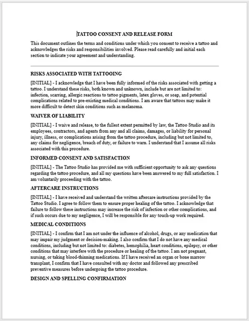 Tattoo consent form checklist